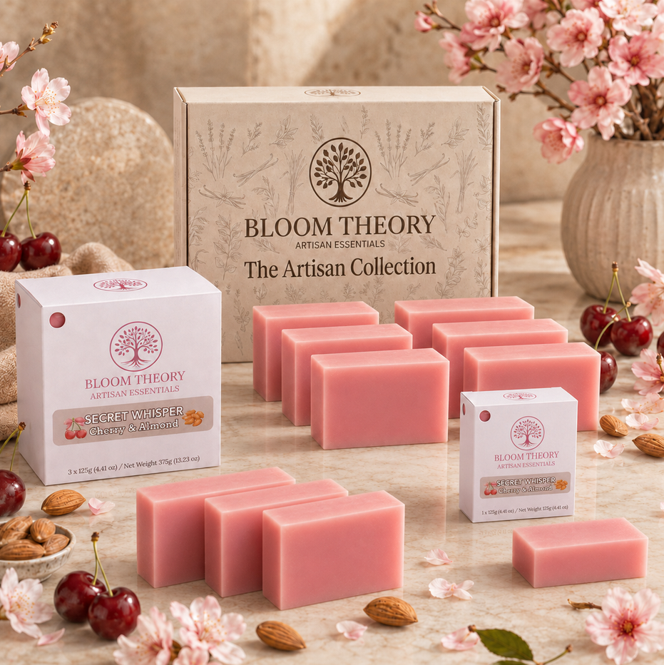 Secret Whisper Cherry and Almond handmade artisan soap by Bloom Theory Artisan Essentials with natural-inspired skincare packaging, warm cherry almond scent, and elegant botanical self-care presentation.