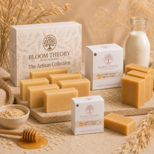 Honey Dream Honey Oat and Milk handmade artisan soap by Bloom Theory Artisan Essentials with warm natural-inspired packaging, creamy soap bars, oat and honey botanical accents, and a gentle self-care presentation.