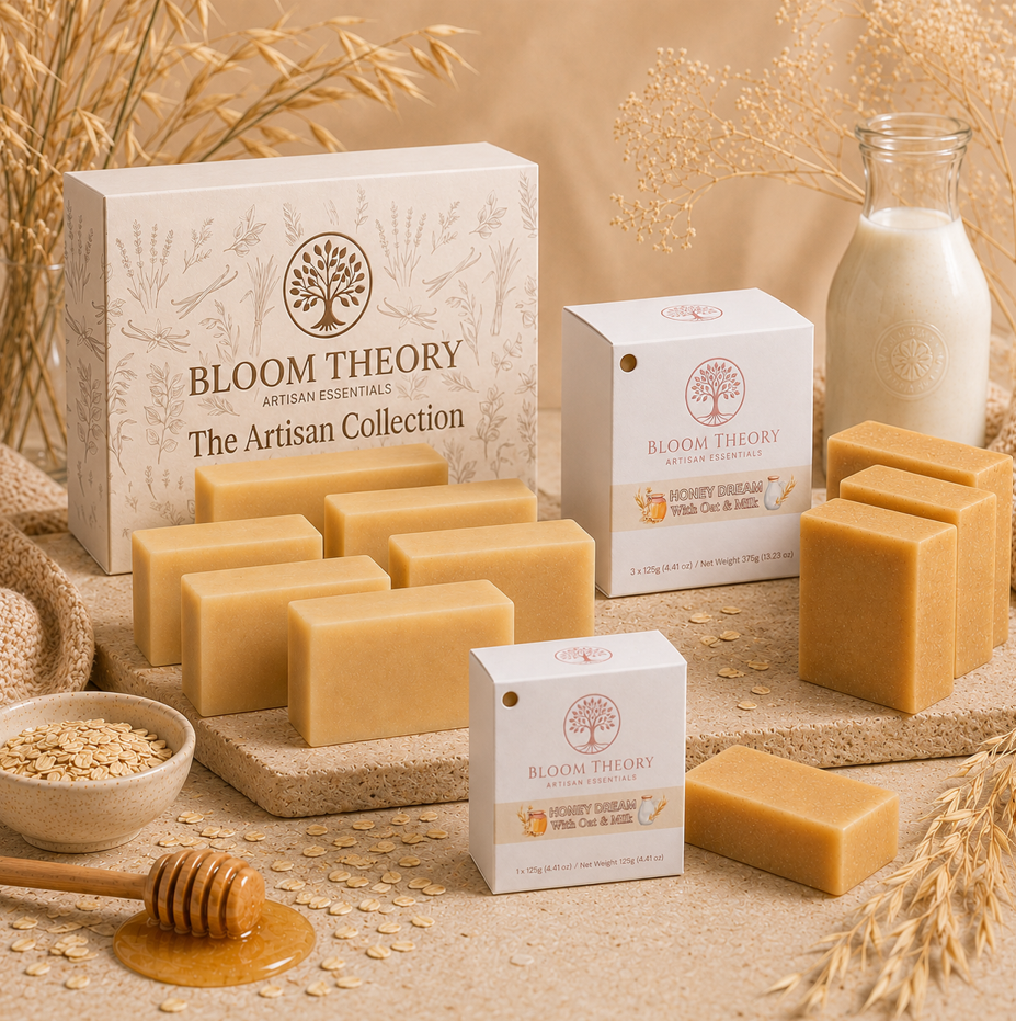 Honey Dream Honey Oat and Milk handmade artisan soap by Bloom Theory Artisan Essentials with warm natural-inspired packaging, creamy soap bars, oat and honey botanical accents, and a gentle self-care presentation.
