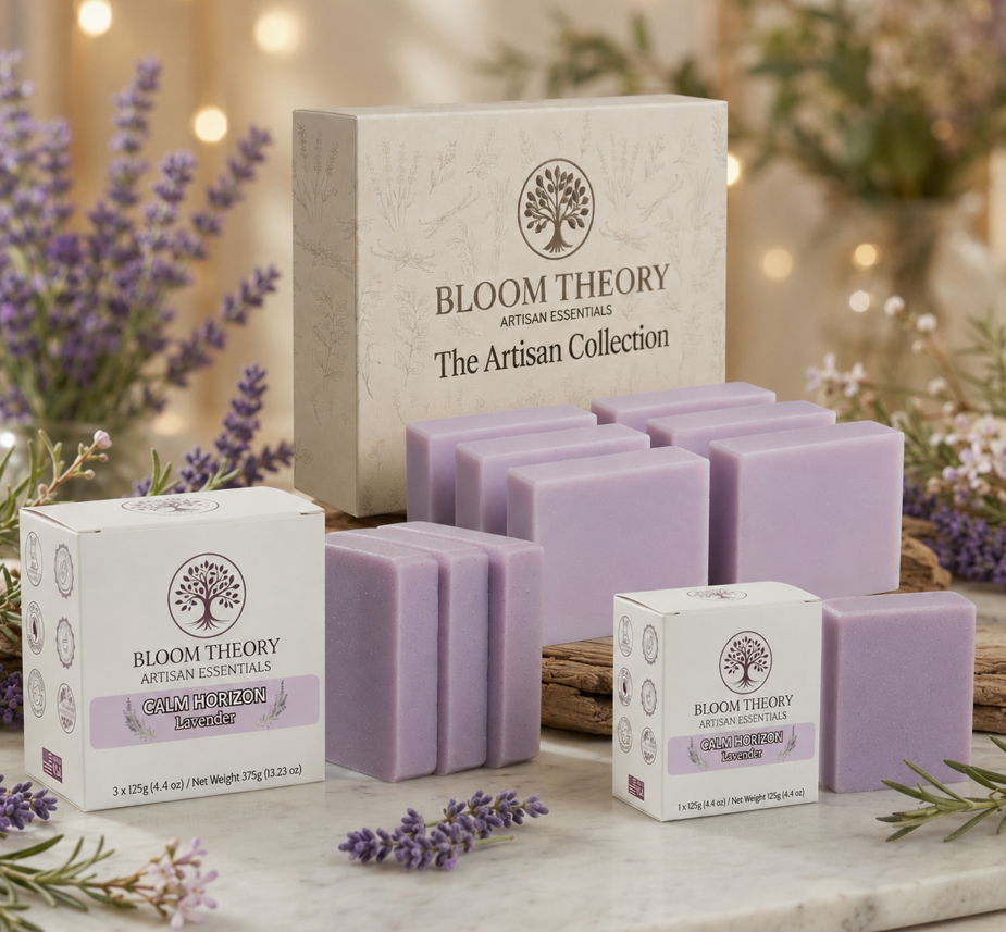 Calm Horizon Lavender handmade artisan soap by Bloom Theory Artisan Essentials with soft lavender soap bars, elegant natural packaging, fresh lavender flowers, and a calming botanical skincare presentation.