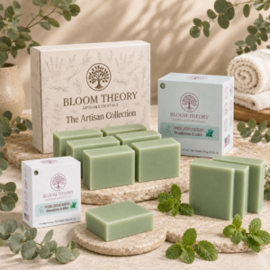 Pure Awakening Eucalyptus and Mint handmade artisan soap by Bloom Theory Artisan Essentials with fresh mint green soap bars, natural-inspired packaging, eucalyptus leaves, and a refreshing botanical skincare presentation.