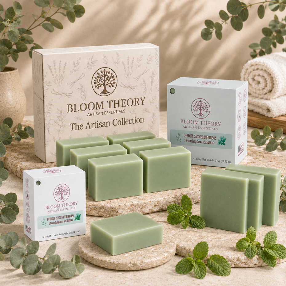 Pure Awakening Eucalyptus and Mint handmade artisan soap by Bloom Theory Artisan Essentials with fresh mint green soap bars, natural-inspired packaging, eucalyptus leaves, and a refreshing botanical skincare presentation.