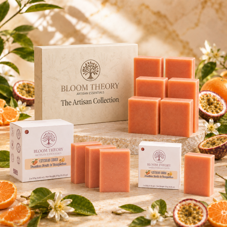 Citrus Rise Passion Fruit and Tangerine handmade artisan soap by Bloom Theory Artisan Essentials with bright citrus-inspired skincare packaging, fruity botanical accents, and a fresh natural self-care presentation.