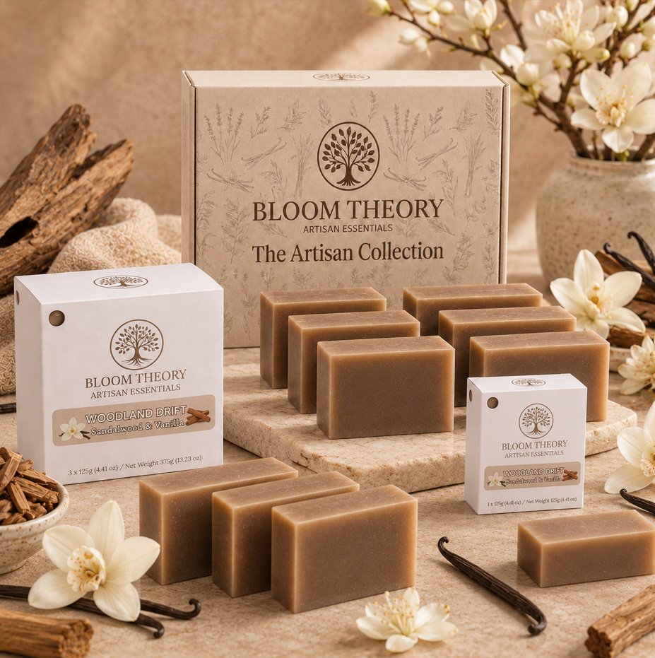 Woodland Drift Sandalwood and Vanilla handmade artisan soap by Bloom Theory Artisan Essentials with warm brown soap bars, natural botanical styling, vanilla bean, sandalwood, and elegant skincare packaging.