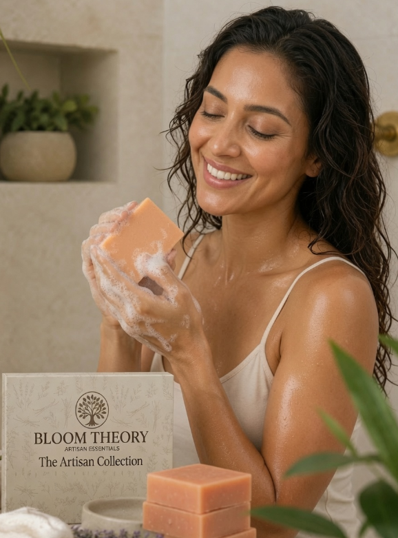 Woman smiling while using a Bloom Theory artisan soap bar in a soft spa setting with The Artisan Collection soap box and peach soap bars nearby.