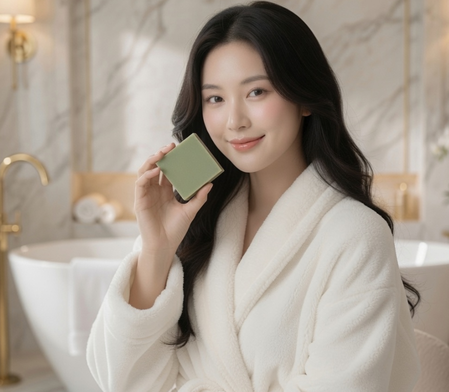 Elegant woman in a white robe holding a green Bloom Theory artisan soap bar in a bright luxury bathroom spa setting.