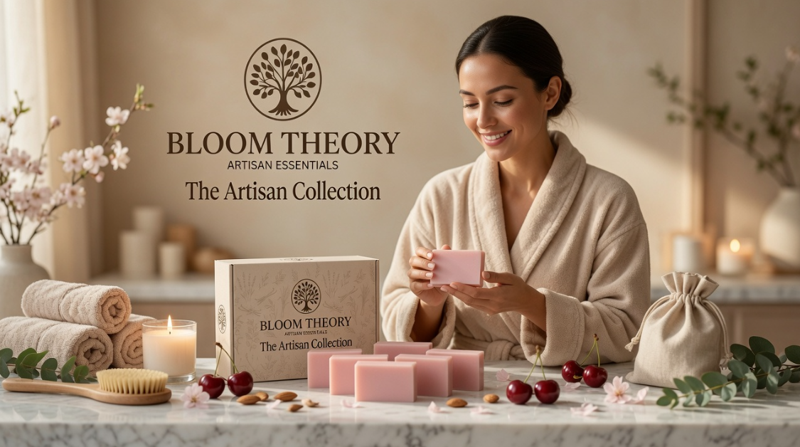 Woman in a soft beige robe holding a pink Bloom Theory artisan soap bar beside The Artisan Collection soap box, with candles, towels, cherries, almonds, and spa accessories.