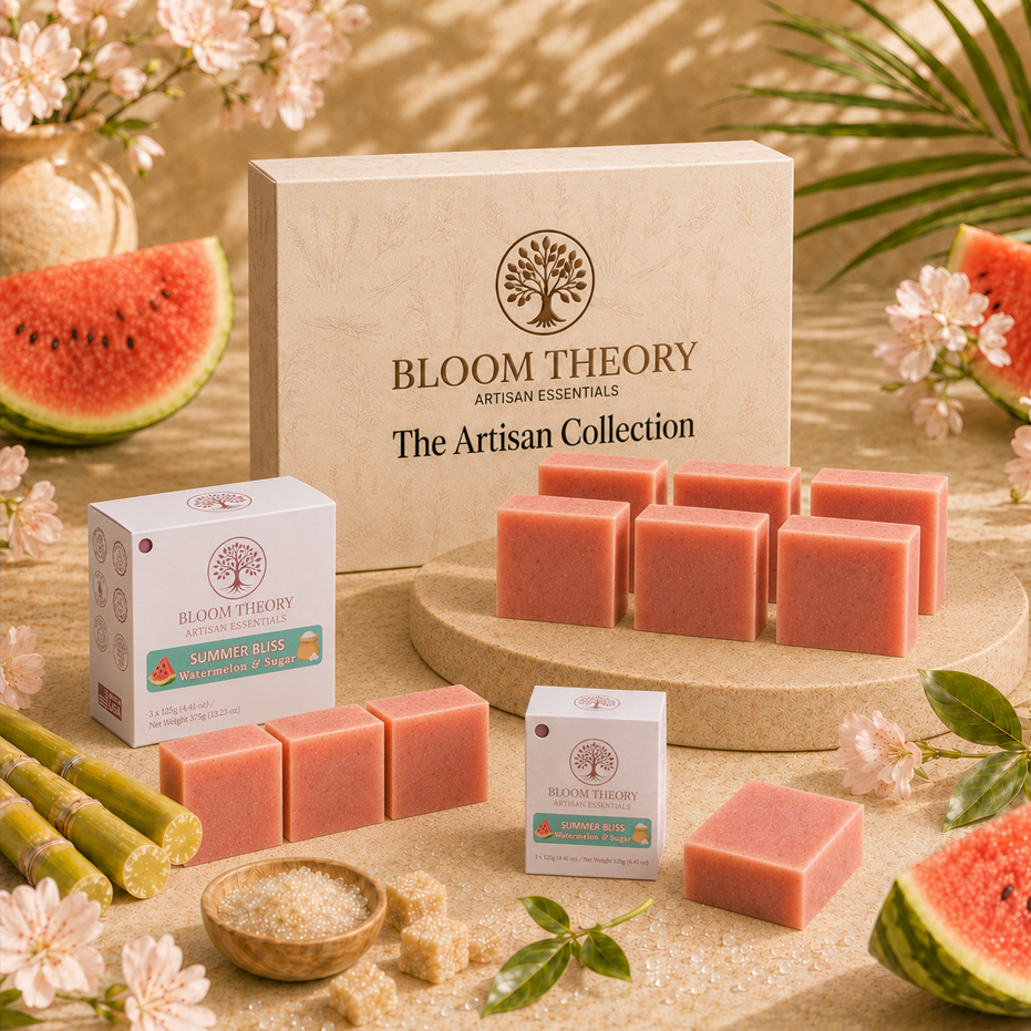 Summer Bliss Watermelon and Sugar handmade artisan soap by Bloom Theory Artisan Essentials with soft pink soap bars, natural-inspired packaging, and a fresh fruity botanical skincare presentation.