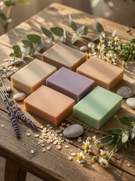 Assorted Bloom Theory artisan soap bars in soft natural colors arranged on a rustic wooden table with oats, lavender, eucalyptus, chamomile flowers, and smooth stones.